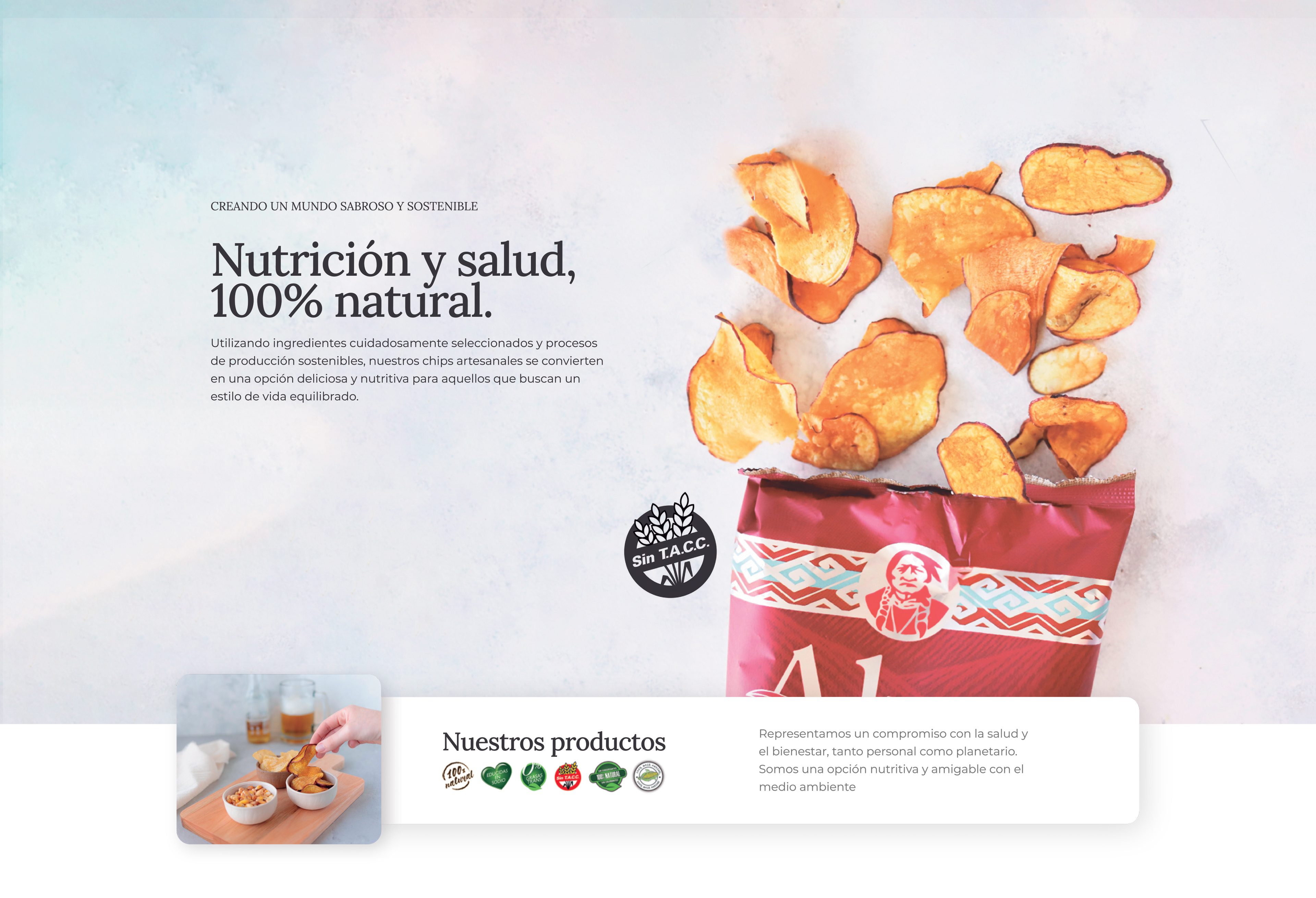 CREANDO UN MUNDO SABROSO Y SOSTENIBLE. Nutrición y salud, 100% natural. Utilizando ingredientes cuidadosamente seleccionados y procesos de producción sostenibles, nuestros chips artesanales se convierten en una opción deliciosa y nutritiva para aquellos que buscan un estilo de vida equilibrado.